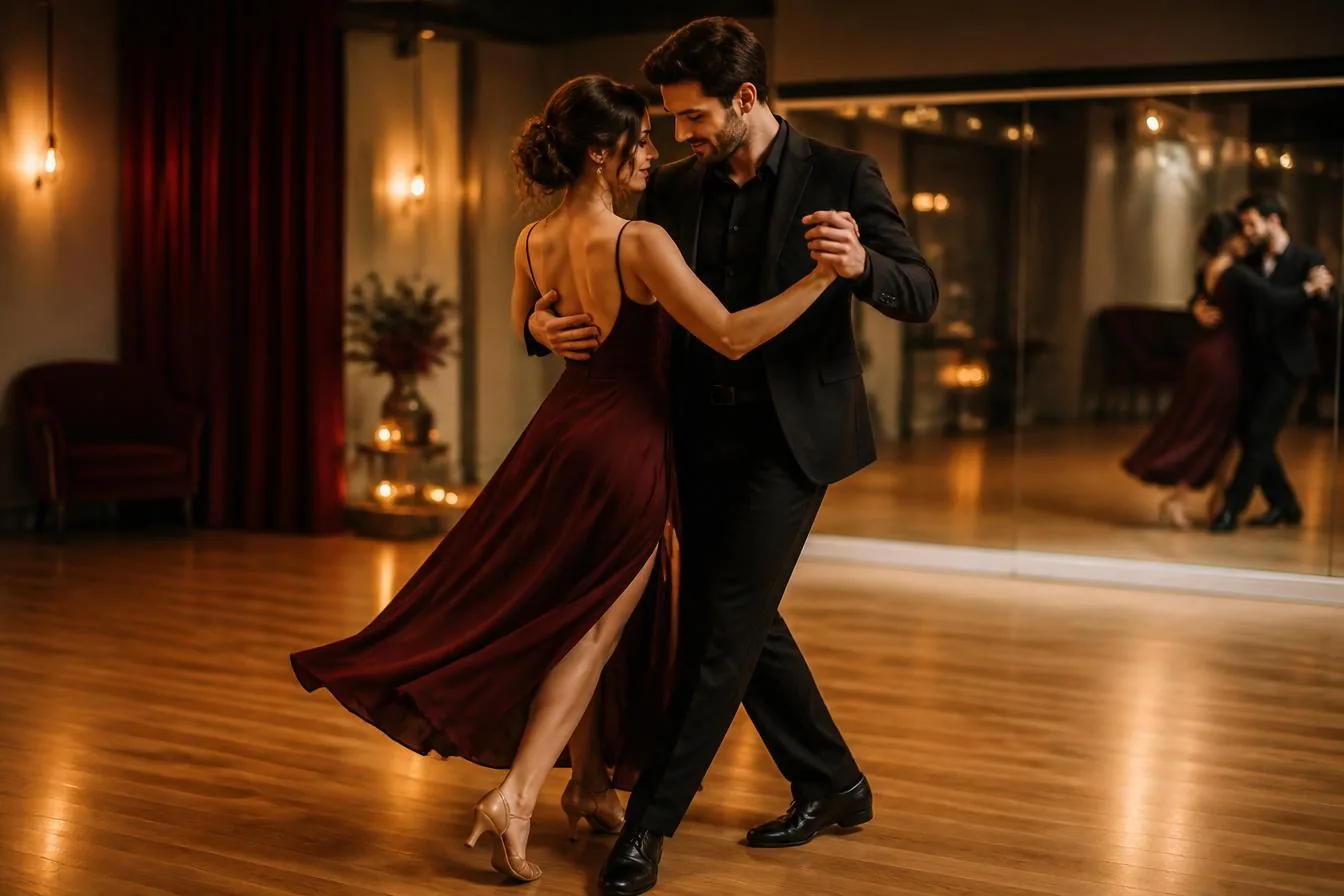 Pareja practicando coreografía de boda en estudio de baile en Rivas